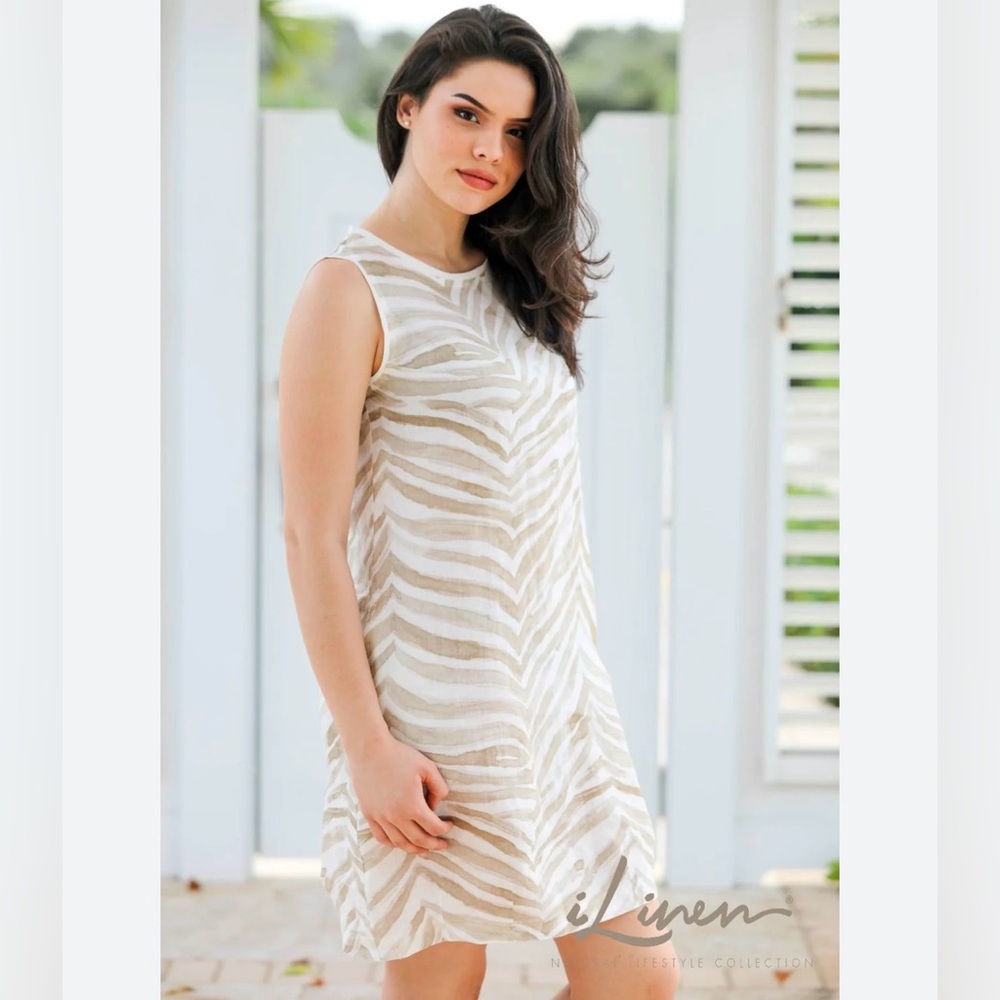 ILINEN LIFESTYLE LINEN GREEN & WHITE ZEBRA MIDI DRESS SIZE LARGE